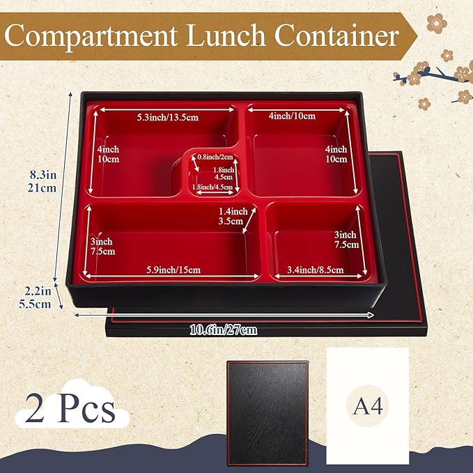 2 Pcs 10.6 x 8.3 x 2.2 Inch Japanese Lunch Box 5 Compartments Divided Bento Box with Greaseproof Adult Japanese Bento Lunch Container Sushi Home Restaurant