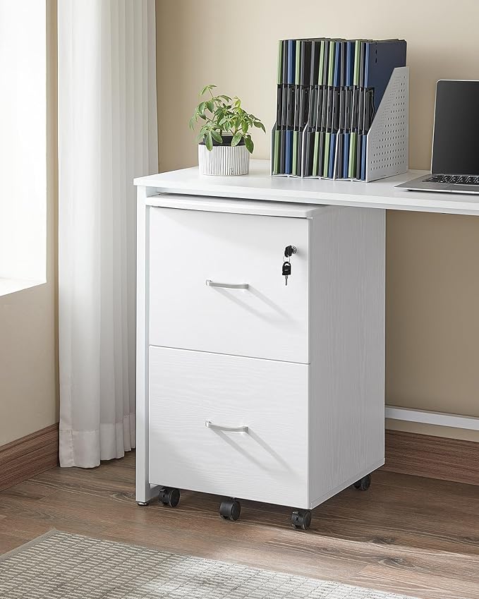 VASAGLE 2-Drawer File Cabinet, Locking Filing Cabinet for Home Office, Small Rolling Printer Stand, A4, Letter-Size Hanging Files, Assembly Required, Snow White ULCD027T46V2