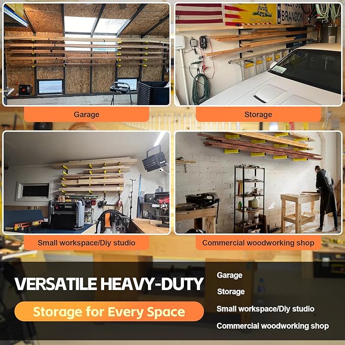 Wood Organizer Lumber Storage Rack Wall Mount - Heavy Duty Metal Cantilever Shelves With 3-Level Holds Up 600 Lbs,Indoor & Outdoor Wood Storage Racks For Garage Woodshops Workshops - 4 Pack,Yellow