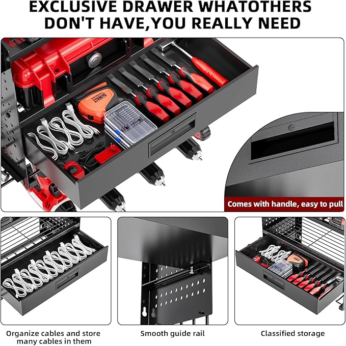 Power Tool Organizer Wall Mount with Charging Station, 4 Layers Storage Rack with 6 Drill Holders & Battery Storage, Cordless Tool Organizer with Drawers for Garage, Workshop & Tool Room