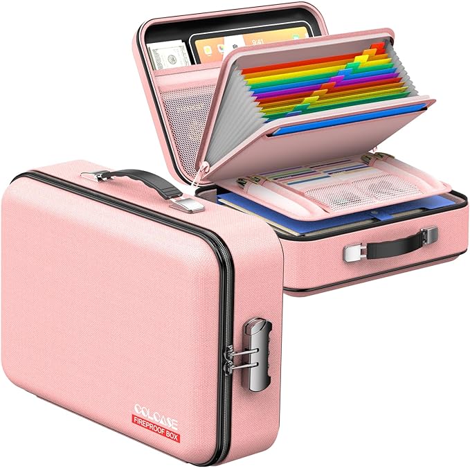 COLCASE Fireproof Document Organizer, Hard Fireproof Waterproof Document Box with Lock Creative Hard-Shell Design Fireproof Document Box for Important Documents Certificates Laptop Passports Pink