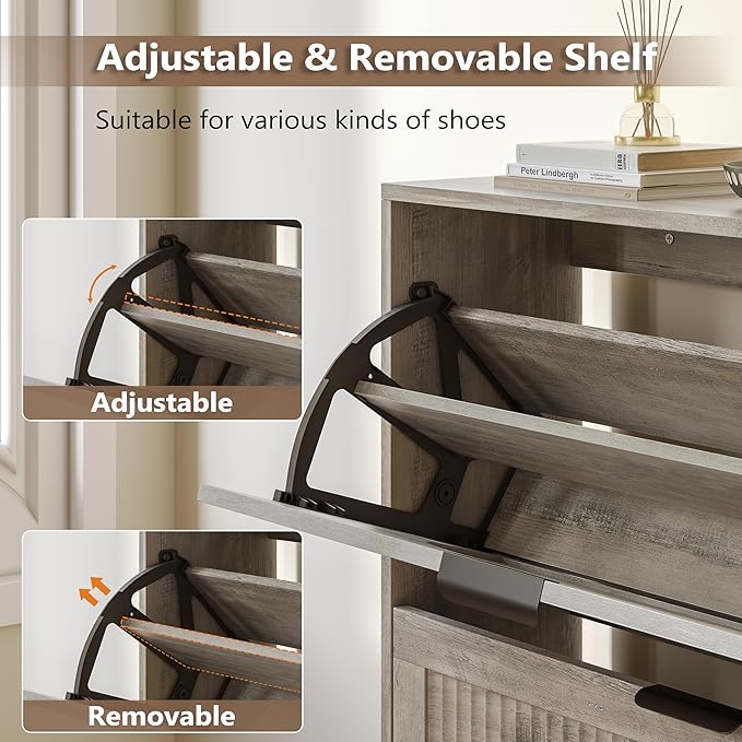 Shoe Cabinet for Entryway with 4 Flip Drawers, Slim Wooden Shoe Storage Organizer with Modern Fluted Pannel，Freestanding Narrow Hidden Shoe Rack for Hallway, Foyer, Living Room