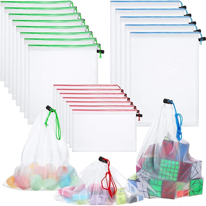 Frienda 20 Pieces Reusable Produce Bags Mesh Pouch Toy Storage Bags Drawstring Washable Organization 5 Large 8 Medium 7 Small for School Office, Puzzles Games Storage(Blue, Green, Red)