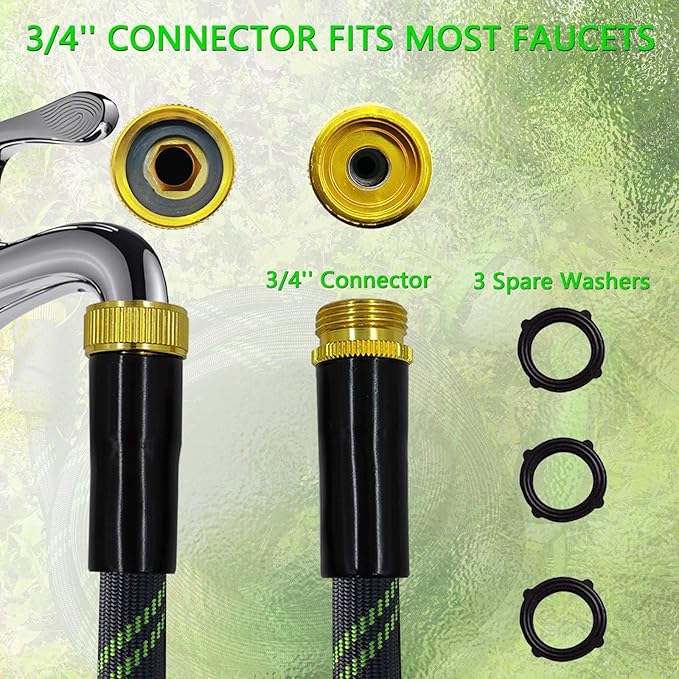 Garden Hose 50 FT, NON-EXPANDABLE Heavy-Duty Flexible & Lightweight Water Hose with 10-Function Nozzle, No-Kink, Leak-Proof Super Fabric, Solid Fittings for Lawn, Car, Outdoor (Black Green)
