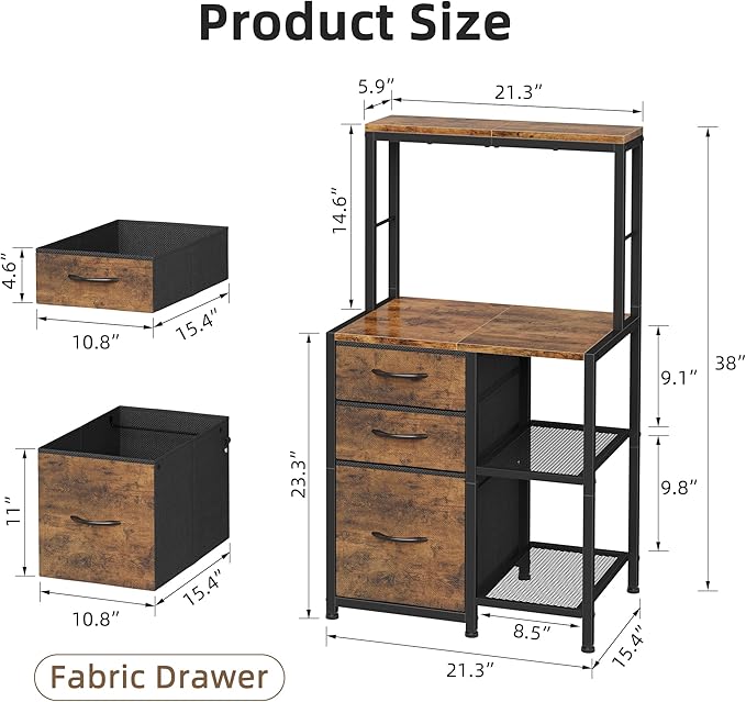 File Cabinet with 3 Fabric Drawers and 4 Open Shelves, Printer Stand with Top Storage Shelf, Office Cabinet with File Drawer Fits A4/Letter for Home Office, Rustic Brown