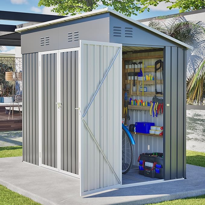 4x8 FT Outdoor Storage Shed,Slope Roof Storage Metal Garden Shed Steel with Reinforced Beams,All Weather Waterproof Garden Tool House W/Lockable Door & 4 Air Vents,for Backyard,Patio,Lawn,Grey
