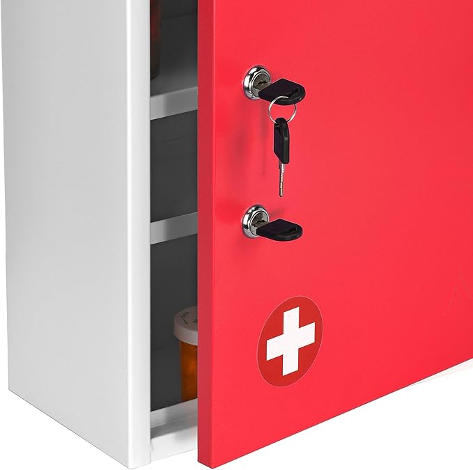 AdirMed Red Locking Medication Cabinet with Document Pocket, Metal Wall Mounted Medication Cabinet with Dual Lock and Dual Keys, 21" H x 16" W x 6" D