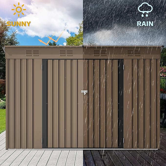 DWVO 9' x 4' Outdoor Storage Shed, Large Metal Tool Sheds, Heavy Duty Storage House with Lockable Doors & Air Vent for Backyard Patio Lawn to Store Bikes, Tools, Lawnmowers, Brown