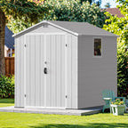 Devoko 6x6 FT Plastic Outdoor Storage Shed with Floor, Resin Garden Shed with Lockable Door and Window, Waterproof Outside Tool Storage Shed for Patio, Garden, Backyard, Light Gray