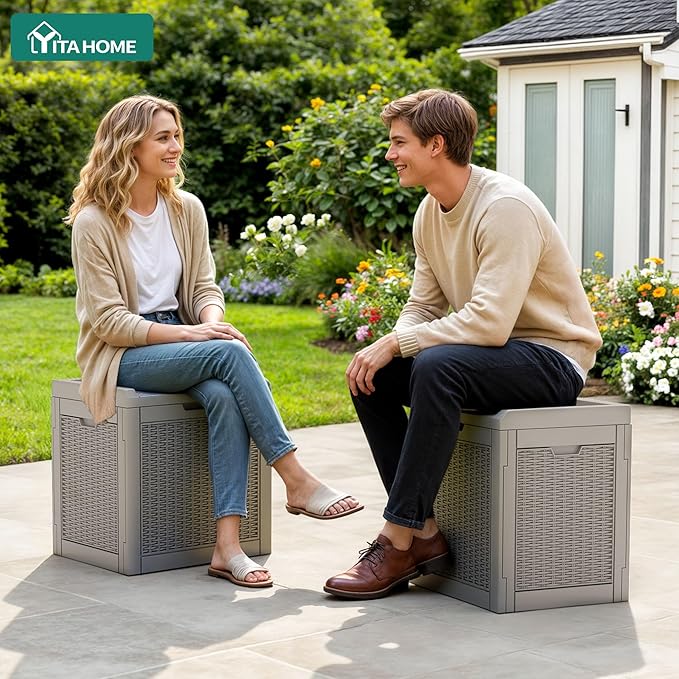 YITAHOME 32 Gallon Deck Box, Resin Storage with Lockable Lid & Side Handles, Indoor Outdoor Small Container for Patio Cushion, Garden Pool Accessories, Backyard Furniture, Water Resistant