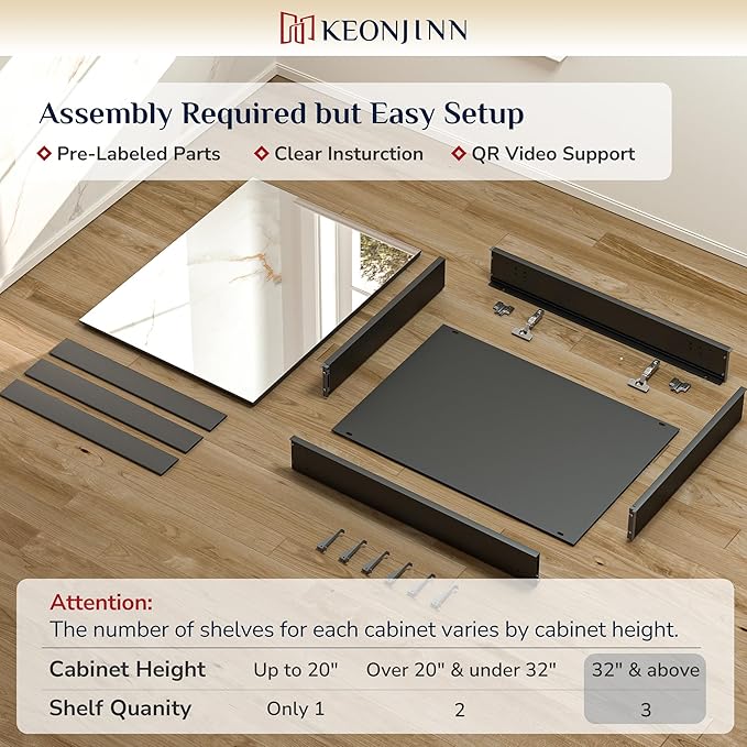 Keonjinn 24 x 32 Inch Medicine Cabinet for Bathroom with Mirror, Assembly Required, Black Aluminum Structure, Lightweight, Recessed or Wall Mount, Freely Adjustable Shelves, Tempered Glass