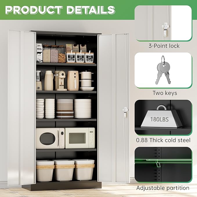 INTERGREAT Metal Storage Cabinet with Lock,72" Steel Lockable File Locker Cabinet with Locking Doors and Adjustable Shelves, Storage Lockers for Office, Home, Garage, Gym, School (Black Grey)