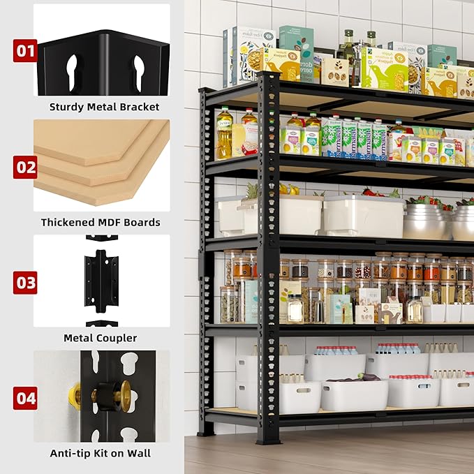 4 Packs 48" W x 24" D x 72" H Adjustable Garage Storage Shelves - 5-Shelf Heavy Duty Shelving Unit, Metal Utility Storage Organizer Racks for Warehouse Pantry Closet Kitchen, Black
