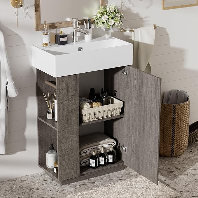 21.6" Small Fluted Bathroom Vanity with Sink,Soft Closing Doors and Storage Shelves,Natural Wood Single Bathroom Sink Cabinet Combo Freestanding,Dark Grey