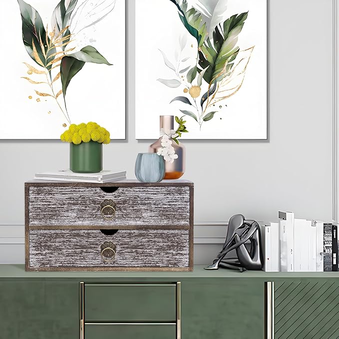 Wood Desk Organizer, Washed Brown Wooden Desktop Organizer with Drawer, Tabletop Storage Organization Box for Countertop, Home Office Supplies, Bills, 13.3 x 6.5 x 7 Inches(2 Drawer)