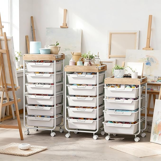Rolling Craft Storage Cart with 4 Drawers,Utility Cart with Drawers,Art Craft Organizers and Storage,Kids Craft Cart,Kids Art Cart With DIY Lable and Wooden Tabletop Area,White