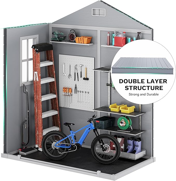 DWVO 6x4 FT Outdoor Resin Storage Shed with Reinforced Floor, All-Weather Bike Storage Shed with Lockable Door, Window and Vent, Waterproof Plastic Tool Storage for Garden, Backyard, Patio, Lawn