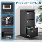 3 Drawer File Cabinet with Lock Metal Vertical File Cabinet Office Home Narrow File Cabinet for A4 Legal/Letter Size,Assembly Required (Black, 3 Drawers-Vertical)