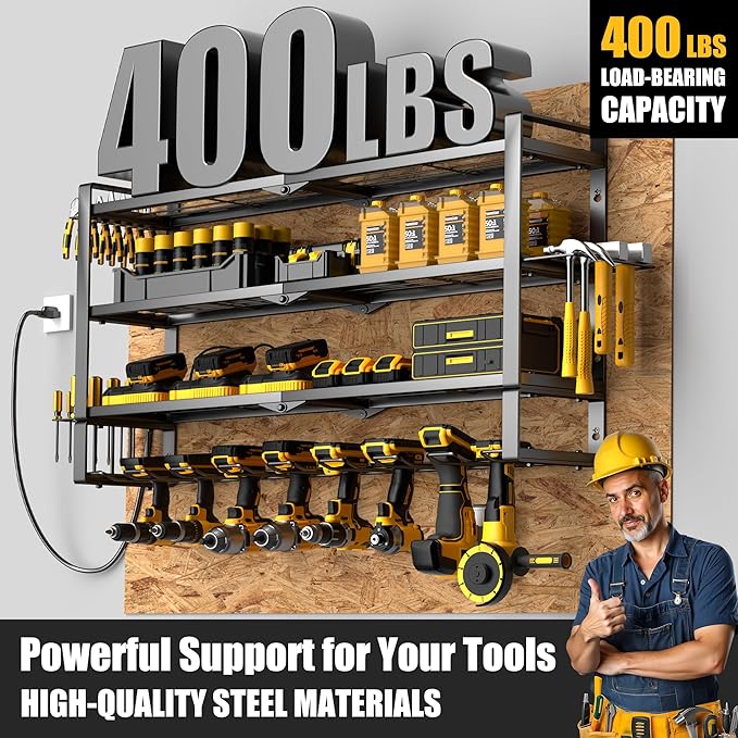 Large Power Tool Organizer Wall Mount with Charging Station, 400lbs Metal Storage Rack with 8 Cordless Drill Holder, 4 Tier Heavy Duty Battery Tool Shelf with 5 Outlet Power Strip for Garage