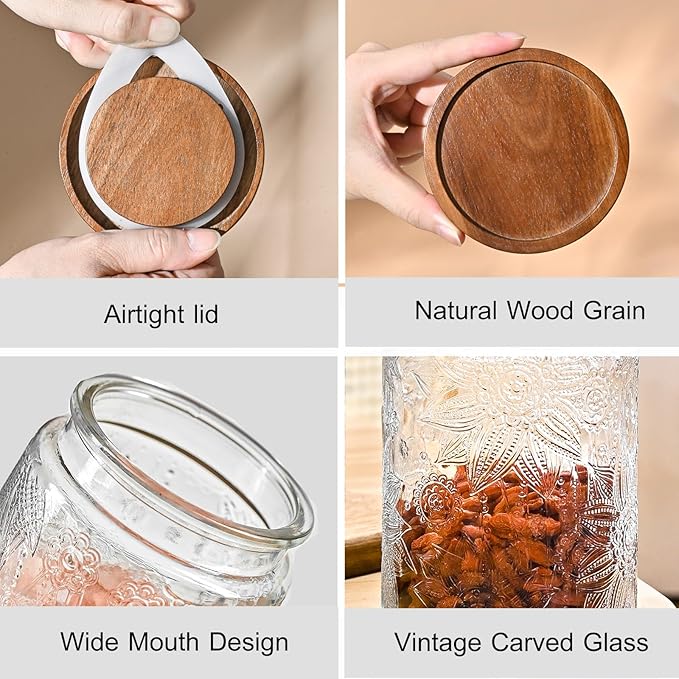 24oz Vintage Glass Jar With Lid, Glass Storage Containers, Airtight Kitchen Storage Containers For Sugar, Coffee, Tea, Spice, Flour, Candy Cookie, Pasta, Cereal, Cute Decorative Jars