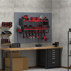 YYR Power Tool Organizer with Charging Station Wall Mount, Cordless Drill and Battery Holder for Garage Organization, Electric Tools Storage Rack Build in Surge Protection Power Strip - Red Shelf