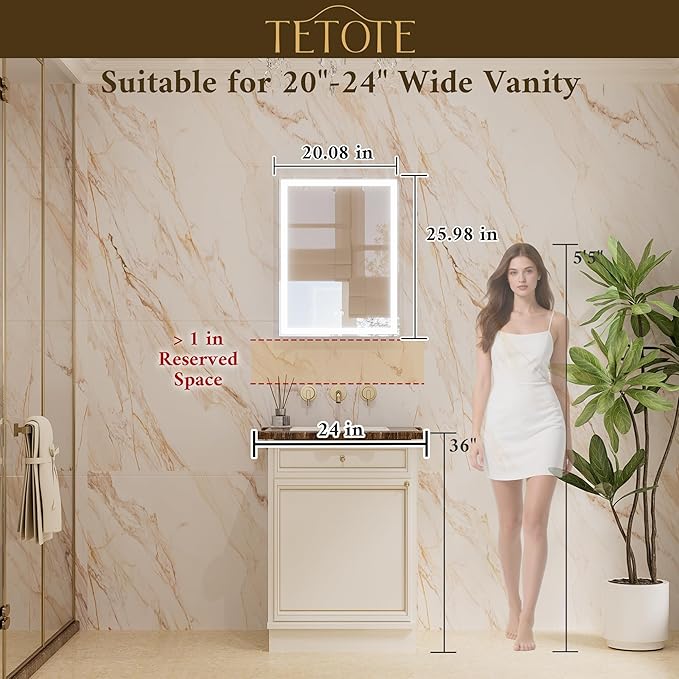TETOTE 20 x 26 Lighted Bathroom Medicine Cabinet with Adjustable Shelves, Black Aluminum Cabinet, Anti-Fog Stepless Dimmable 3 Colors White/Warm/Natural, Easy to Install(Wall Mount/Recessed)