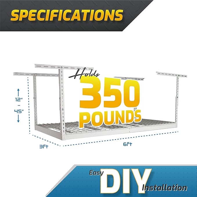 MonsterRAX Storage Solutions Garage Ceiling Storage Rack - Heavy Duty Overhead Rack, Adjustable Shelving - 3x6, White, 12"-21"