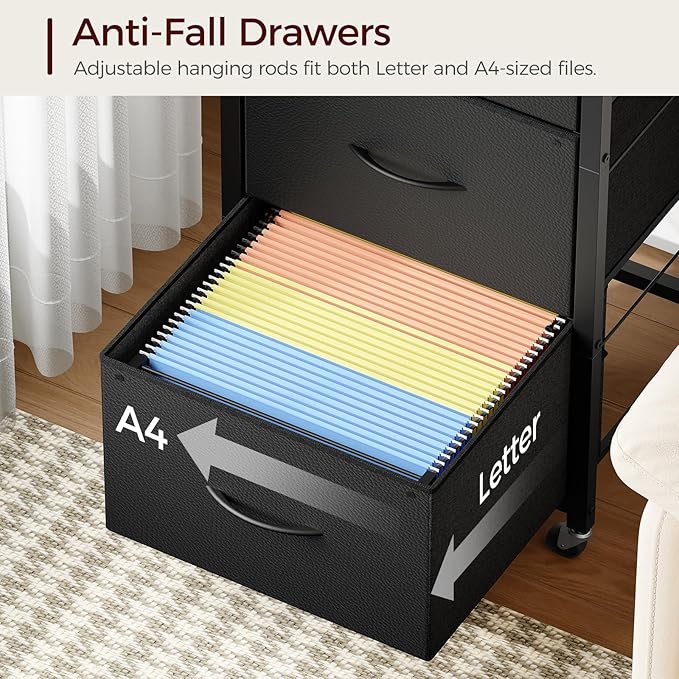 3 Drawer File Cabinet, Vertical Filing Cabinet with Wheels, Printer Stand with Non-Woven Fabric Drawer, Adjustable Hanging Rods, fits A4/Letter Size, for Home Office, Black FCBK5901