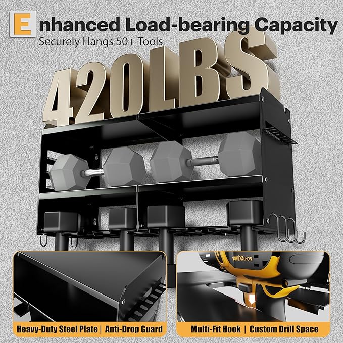 Power Tool Organizer Wall Mount with Charging Station, 3 Layer Heavy Duty Metal Tool Storage Rack Loads 420lbs with 6 Cordless Drill Holder, Idea Gifts for Men, Garage Workshop