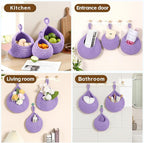 Hanging Storage Baskets Boho Decor Set of 3, Handmade Cotton Rope Wall-Mounted Fruit & Vegetable Baskets, Decorative Hanging Organizers for Kitchen, Entryway, Bathroom & Bedroom