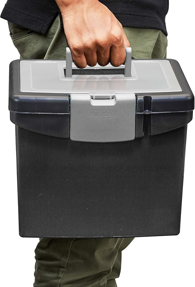 Storex Portable File Box with Organizer Lid – Plastic Office File Storage Box for Letter Paper and Hanging Folders, Obsidian, 1-Count (61504C01C)