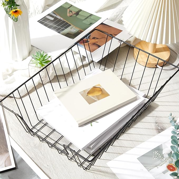 Yeaqee 12 Pcs Letter Tray Wire Paper Trays Black Stackable File Desk Organizer 16.5'' x 12'' x 5'' Metal File Paper Basket Holder for Desk Office Home Classroom School