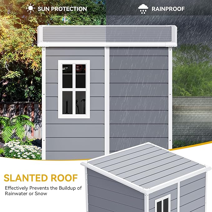 DWVO 5x4 FT Outdoor Storage Shed with Floor, All-Weather Resin Storage Shed with Lockable Door & Window, Waterproof Plastic Tool Storage for Garden, Backyard, Patio, Lawn, Gray