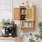 AmazerBath Bathroom Wall Cabinet, Bamboo Over The Toilet Storage Cabinet, Hanging Medicine Cabinets with Towel Bar, Wall Mounted Storage Shelf with Adjustable Shelves for Small Spaces
