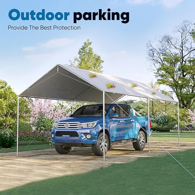 Quictent 10x20 ft Heavy Duty Car Canopy Galvanized Frame Carport Outdoor Party Tent Boat Shelter with 3 Reinforced Steel Cables - Gainsboro