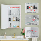 Buruis 14"x 24" Small Framed Medicine Cabinet with Mirror, Compact Recessed or Wall Mounted Bathroom Cabinet, Adjustable Tempered Glass Shelves, Left/Right Open Reversible, No Assembly Required, White
