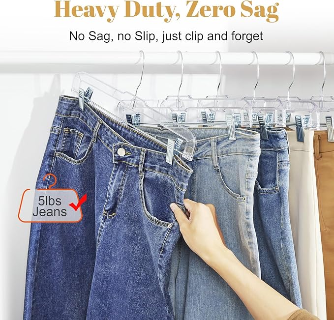 HOUSE DAY 12 Pack 14 inch Clear Plastic Skirt Hangers with Adjustable Clips, Pants Hangers 360-Rotating Swivel Hook, Clip Hangers for Pants, Trousers, Skirts, Jeans, Bulk Plastic Hangers