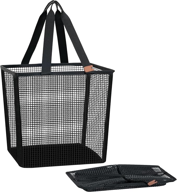 STORAGE MANIAC Collapsible Laundry Basket, 16.9 Gal. Large Pop-up Laundry Hamper with Long Carry Handles, Space-Saving Foldable Clothes Hamper with Bottom Elastic Band, Travel Laundry Bags, Mesh Black