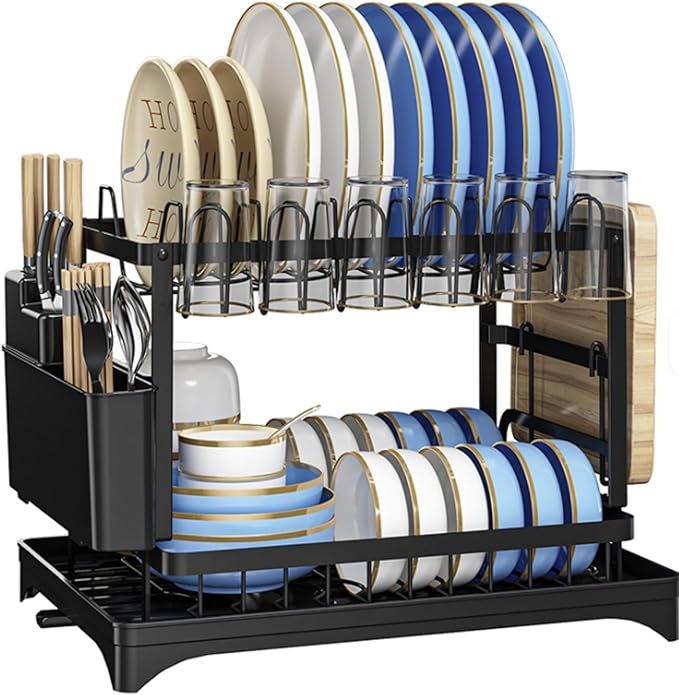 Vallary 2-Tier Dish Drying Rack with Drainboard – Rustproof Steel Kitchen Organizer with Utensil & Cup Holder, Cutting Board & Knife Stand – Space-Saving Countertop Dish Drainer (Black)