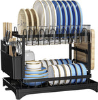 Vallary 2-Tier Dish Drying Rack with Drainboard – Rustproof Steel Kitchen Organizer with Utensil & Cup Holder, Cutting Board & Knife Stand – Space-Saving Countertop Dish Drainer (Black)