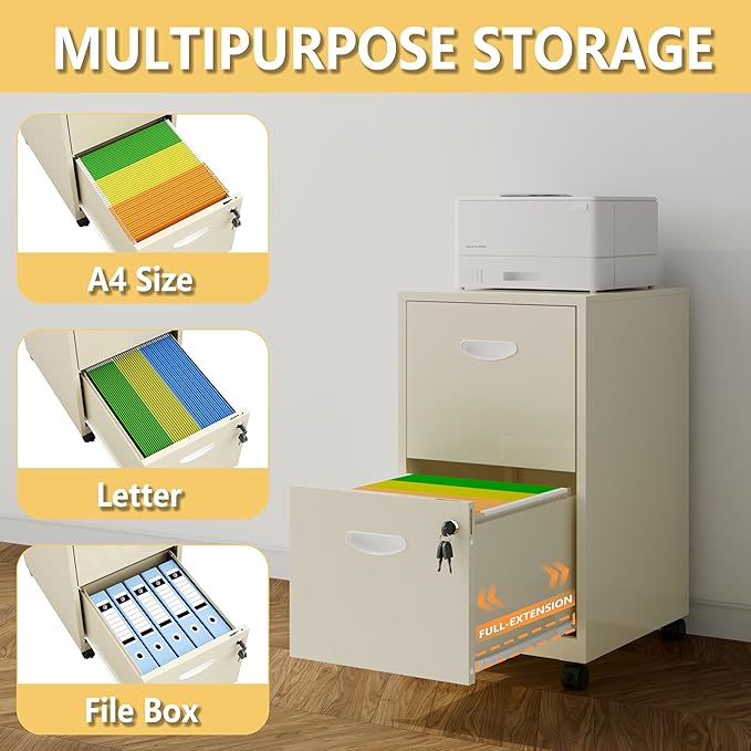 2 Drawer File Cabinet on Wheels, Mobile Two Drawer Filing Cabinet, Small Rolling Files Cabinets for Under Desk, Metal Filing Cabinets for Letter Size Folders, Cream - Assembly Required