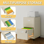 2 Drawer File Cabinet on Wheels, Mobile Two Drawer Filing Cabinet, Small Rolling Files Cabinets for Under Desk, Metal Filing Cabinets for Letter Size Folders, Cream - Assembly Required