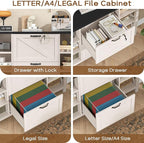 44" Lateral File Cabinet with Adjustable Shelves, Farmhouse 2 Drawer Filing Cabinet with Lock for Legal/A4/Letter, Wooden Printer Stand Office Furniture for Home Office, White and Black