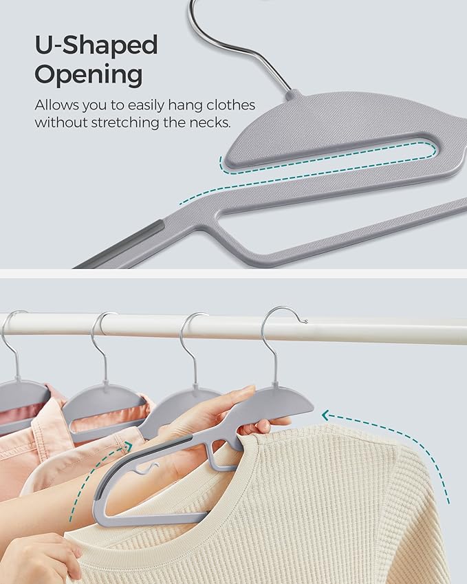 SONGMICS Conjunto de 50 Cabides Plásticos, Cabides com Abertura em U, que Economizam Espaço, 0,5 cm de Espessura, 41,5 cm de Comprimento, Gancho Giratório 360°, Cinza Claro e Escuro BRCRP41G-50