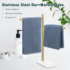 Hand Towel Holder, F-Shape Hand Towel Stand with Marble Base, Stainless Steel Swivel Hand Towel Rack Bar Standing for Bathroom Kitchen Countertop, 2 Arms (Gold)
