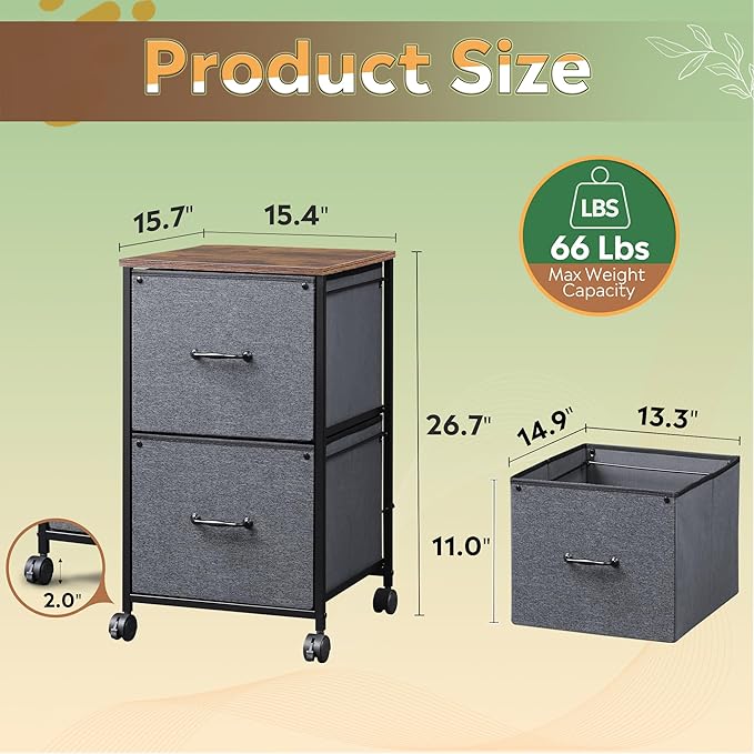 DEVAISE 2 Drawer Mobile File Cabinet, Rolling Printer Stand, Fabric Vertical Filing Cabinet fits A4 or Letter Size for Home Office, Rustic Brown Wood Grain Print