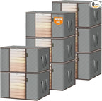 BALEINE 8 Pack Clothes Storage Bags, 24 Gallon Storage Containers with Reinforced Handle Sturdy Zipper, Closet Storage for Blanket Comforter Pillow Bedding (Grey, 8 Pack)