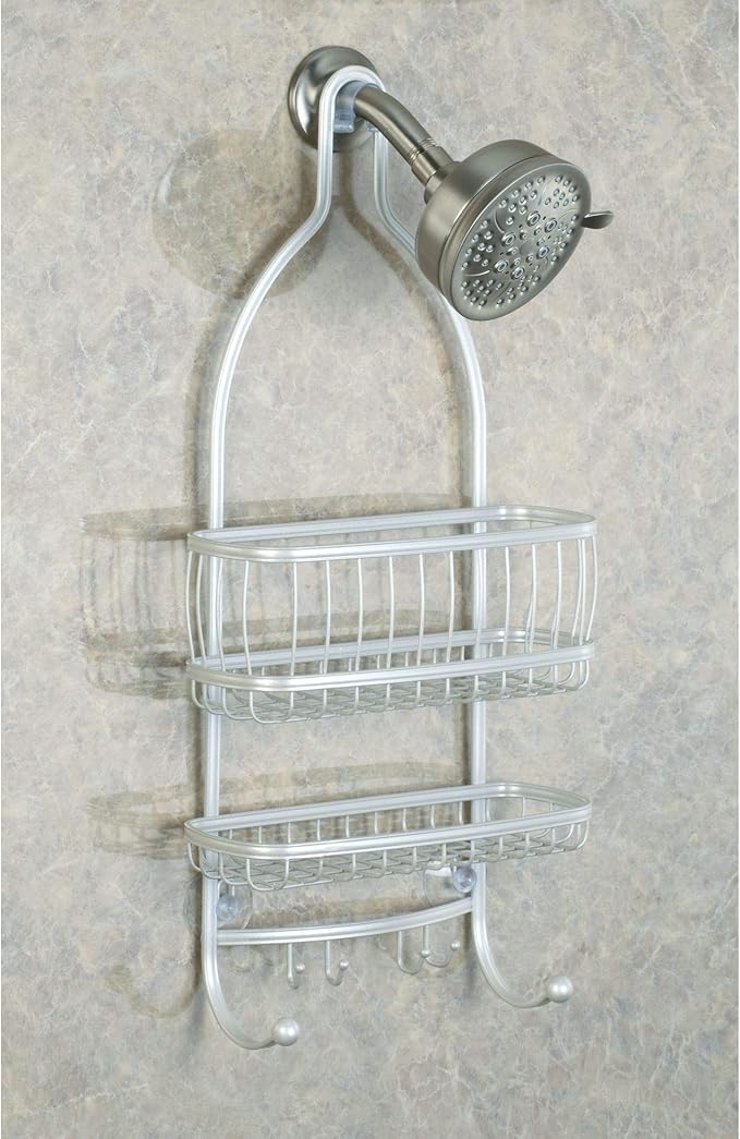 iDesign - 61974 York Metal Wire Hanging Shower Caddy, Extra Wide Space for Shampoo, Conditioner, and Soap with Hooks for Razors, Towels, and More, 10" x 4" x 22", Pearl White