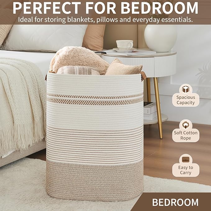 Laundry Basket with Handles - Blanket Basket & Hampers for Bedroom Aesthetic, Laundry Hamper & Blanket Storage for Living Room, Clothes Hamper, Tall, Large 17" x 14" x 22”, Light Brown & White