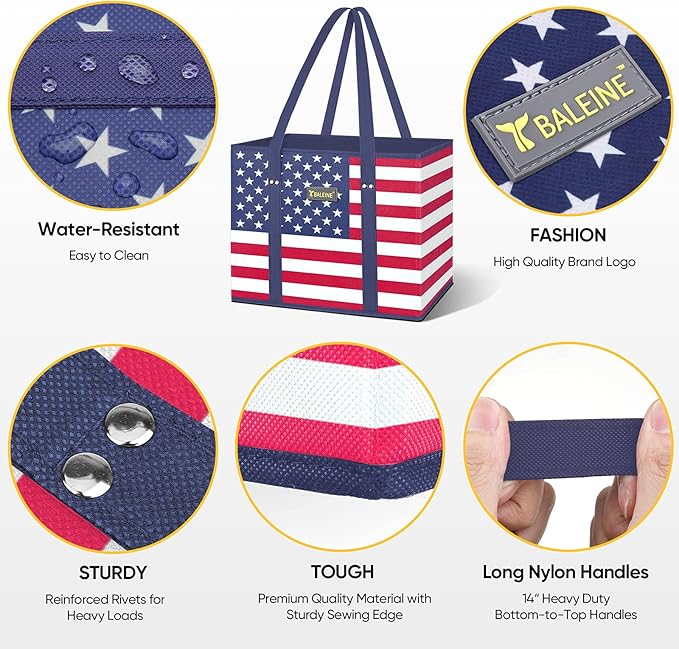 BALEINE 6Pk Reusable Grocery Bags, Foldable Shopping Bags for Groceries with Reinforced Bottom & Handles (Patriot Celebration)